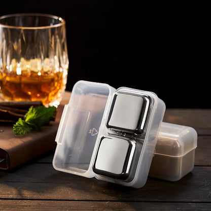 4 Large Whiskey Stones 64 cm³ (4 cu in) - Man Gift Set - Reusable Stainless Steel Metal Ice Sphere Cubes Beverage Chilling Rocks Whiskey Stones for Red Wine, Bar Beer, Scotch, Vodka Drinks - Gold