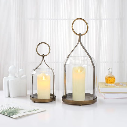 8" Wide Modern Hurricane Candle Holder with Handmade Scandinavian Glass Sleeve in Antique Brass for Pillar Candle & Plants, Hurricane Lantern Industrial, Minimalistic, Shabby Chic (1, Brass, 8"x16")