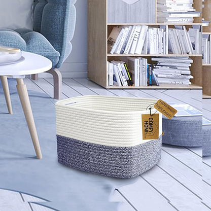 COMFY-HOMI 3 Pack Medium Cotton Rope Basket with Handles for Shelves, Dog Toy, Baby, Gift Organizing, Handwoven Craft - New Generation 13.5" x 11" x 9.5" (Navy Blue)