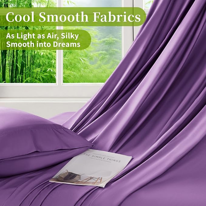 Shilucheng 100% Viscose Derived from Bamboo_ Sheets King Size 4pcs - Ultra Cooling & Silky Soft Bed Sheets, 16" Deep Pocket, Perfect for Hot Sleepers, Hotel Bedding Sheets (Purple)