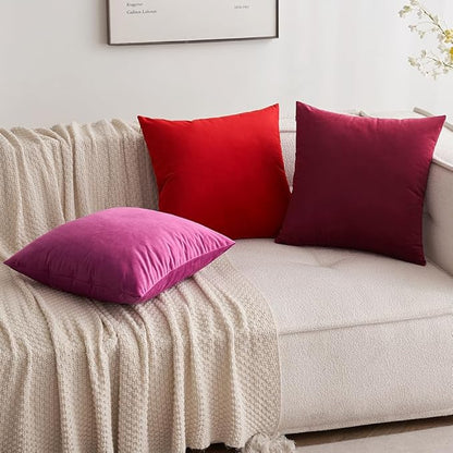 MIULEE Pack of 2 Christmas Bright Red Velvet Throw Pillow Covers 20x20 Inch Soft Solid Decorative Square Set Cushion Cases for Spring Couch Sofa Bedroom