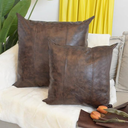 Faux Leather Throw Pillow Cover 24X24 Inch Set of 2 Outdoor Modern Farmhouse Solid Decorative Pillow Covers for Room Couch Living Bedroom Bed Sofa