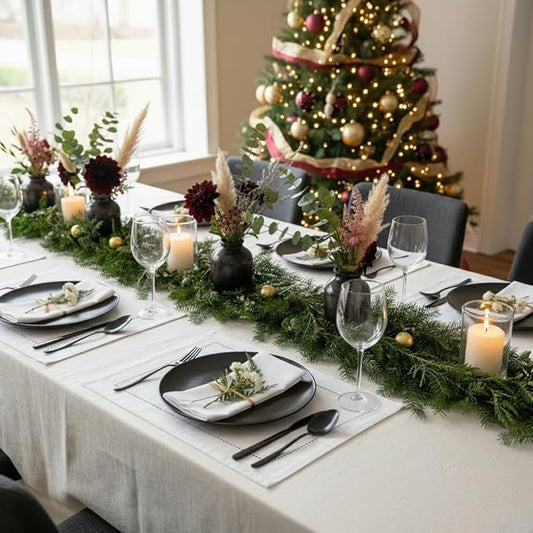 D'Moksha Homes White Linen Placemats Set of 4 - Classic Hemstitch Placemats 14 x 19 Inch - 100% Pure Linen Table Mats for Valentines, Holiday, New Year - Handcrafted and Machine Washable