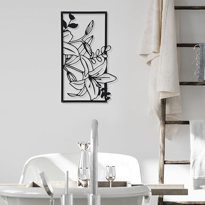 Therwen 3 Pcs Black Metal Wall Art Minimalist Wall Decor for Bedroom Flowers Decor Hanging Flower Bathroom Art Flower Line Sculpture Kitchen Decoration 16.5 x 9.8 Inch(Classic Style)