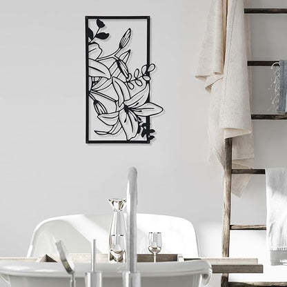 Therwen 3 Pcs Black Metal Wall Art Minimalist Wall Decor for Bedroom Flowers Decor Hanging Flower Bathroom Art Flower Line Sculpture Kitchen Decoration 16.5 x 9.8 Inch(Classic Style)