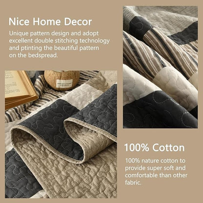 Finlonte Bedspread King Size 100% Cotton Oversized King Size Bedspreads Charcoal Brown Beige Extra Super King Quilted Bed Spread Striped Farmhouse Lightweight Soft Bedding Set for All Season, 3 Piece
