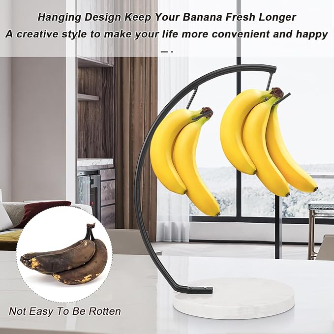Livabber Banana Holder with Marble Base, Metal Banana Hanger Modern Tree Stand with Hook, Stylish Banana Keeper Fresh Fruit Storage Organizer Freestanding for Kitchen Countertop (Black, Double Hook)