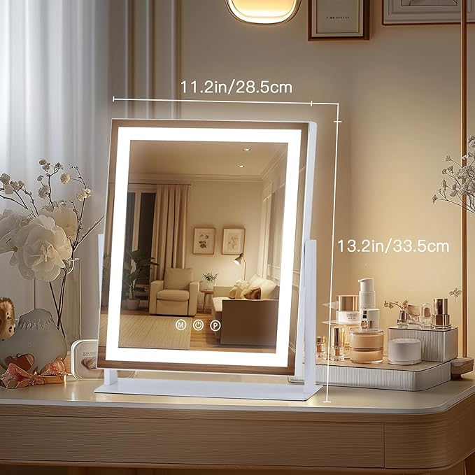 LED Vanity Mirror with Lights, Makeup Mirror with 3 Color Modes, Smart Touch Control, 360° Rotation for Desk,13.2" L x 11.2" W