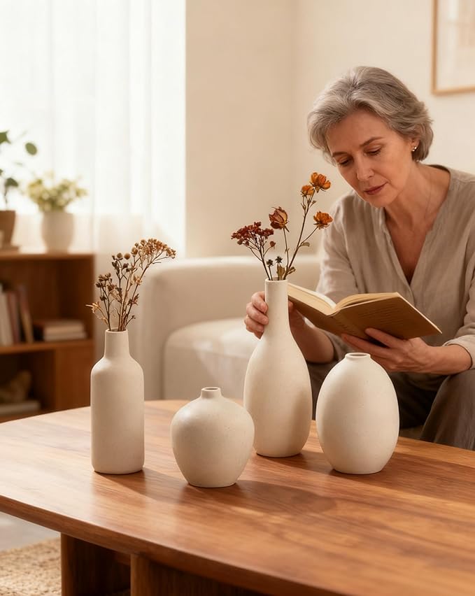Beige Ceramic Vase Set of 4,Modern Farmhouse Decorative Vases for Entryway Mantel Centerpiece Bookshelf Console Table