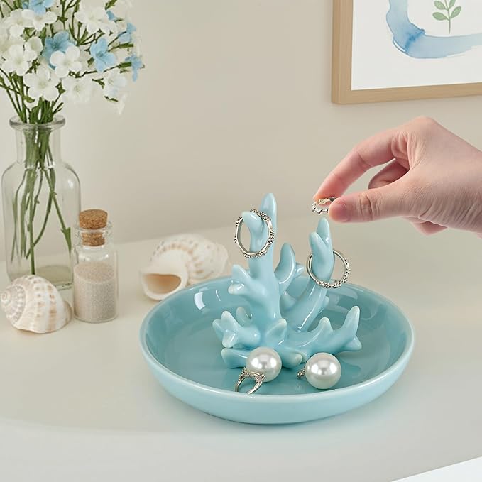 Potiera Teal Coral Jewelry Tray, Handmade Ceramic Coastal Decor, Decorative Ring Holder Trinket Dish for Earrings Necklaces Keys, Birthday Christmas Valentines Gifts for Women Friends Sister Mother