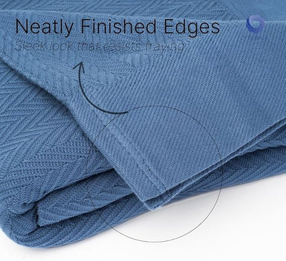 Multipurpose Blanket, Twin Size 100% Extra Long Staple Cotton, Herringbone Weave, Blue, Soft & Breathable, Ideal for All Seasons