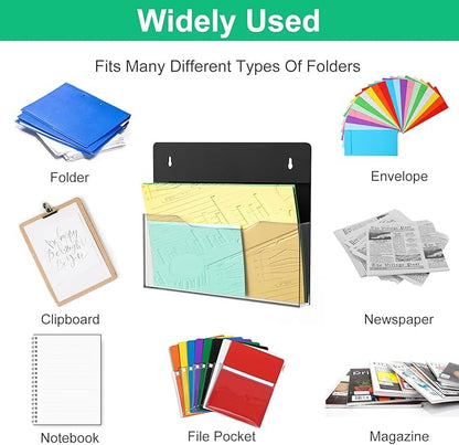 ZHIDIAN Acrylic Magnetic Wall File Organizer - Clear Black Acrylic Hanging Wall File Holder, Wall Mount Folder Mail Document Holder for Office, Fridge, Whiteboard, 2Pack