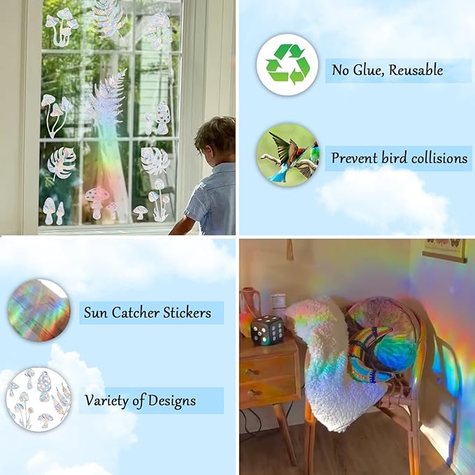 31 Pieces Mushroom Leaves Sun Catcher Window Clings for Glass Windows, Anti-Collision Stickers Decals Prevent Bird Strikes,Rainbow Prismatic Window Clings Non Adhesive