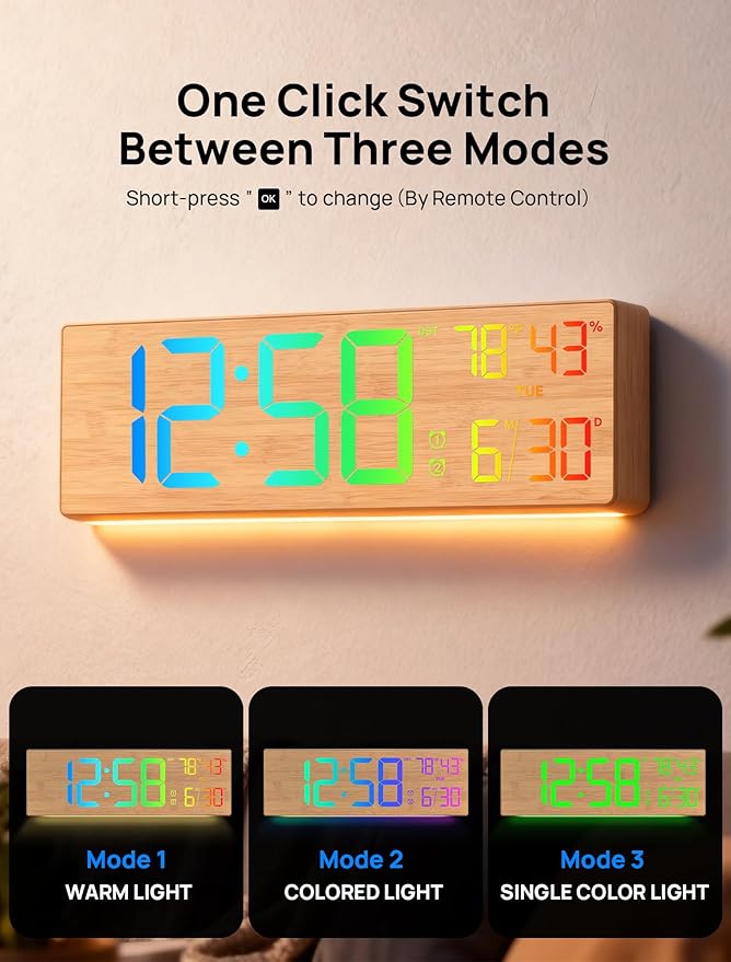 2025 Upgrade 18.5" Large Digital Wall Clock with Remote Control, Big LED Display Digital Clocks with Night Light, Alarm, Countdown, DST, Temp for Living Room, Bedroom, Office, Gift for Seniors(Bamboo)