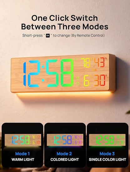 2025 Upgrade 18.5" Large Digital Wall Clock with Remote Control, Big LED Display Digital Clocks with Night Light, Alarm, Countdown, DST, Temp for Living Room, Bedroom, Office, Gift for Seniors(Bamboo)