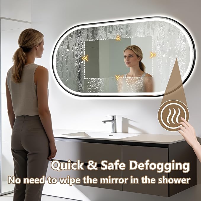Niccy Oval LED Mirror for Bathroom, 55x28 Front Lit + Backlit Vanity Mirrors with Light Anti-Fog, Shatter-Proof, 3 Colors, Makeup Mirror with Old Black Frame (Horizontal/Vertical)