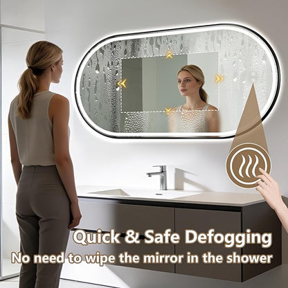 Niccy Oval LED Mirror for Bathroom, 55x28 Front Lit + Backlit Vanity Mirrors with Light Anti-Fog, Shatter-Proof, 3 Colors, Makeup Mirror with Old Black Frame (Horizontal/Vertical)