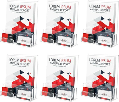 NIUBEE 6-Pack Acrylic Brochure Holder 8.5*11 inches , Clear Brochure Display Stand with Acrylic Business Card Holder, Plastic Flyer Display Stand for Magazine, Pamphlet, Booklets, Menu, Journals