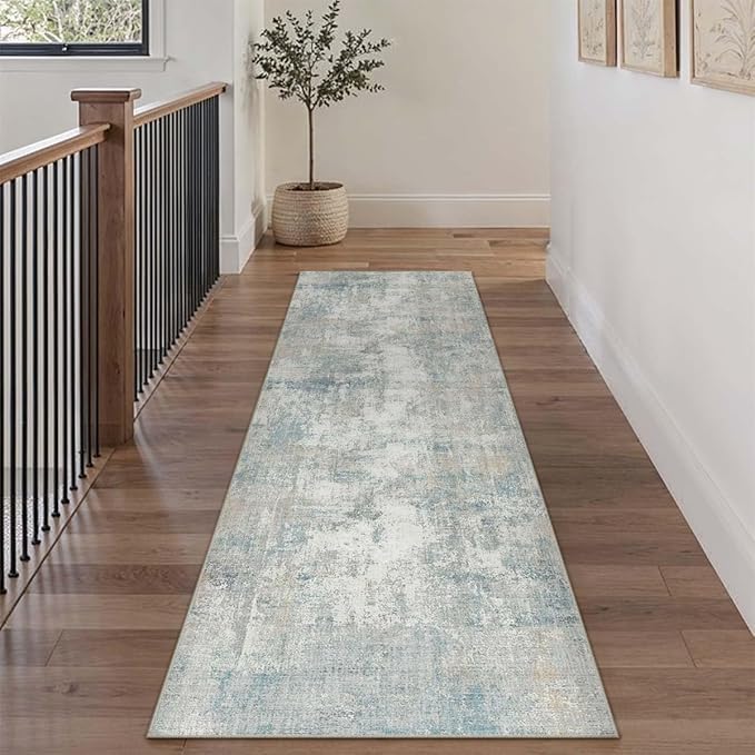3x12 Washable Runner Rug Blue Cream Abstract Hallway Kitchen Throw Rug Neutral Modern Non Slip Soft Low Pile Lightweight Carpet for Bathroom Laundry Bedroom Living Room