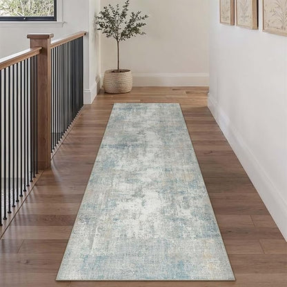 2x8 Washable Runner Rug Blue Cream Abstract Hallway Kitchen Throw Rug Neutral Modern Non Slip Soft Low Pile Lightweight Carpet for Bathroom Laundry Bedroom Living Room