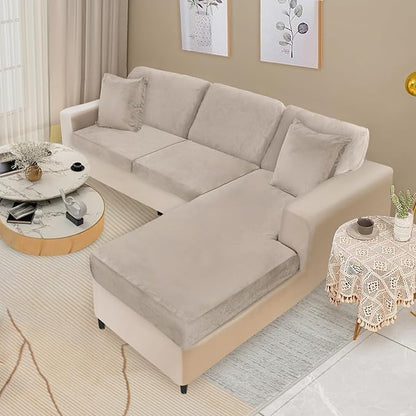 NAISI Sectional Couch Covers 6 Pieces Velvet Couch Cushion Covers L Shape Soft Stretch Sofa Slipcovers with 2pcs Pillowcases for Left/Right Chaise Sectional Couch(2 Seater+1 Chaise+3 Back,Taupe)