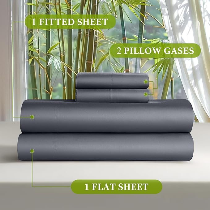 Shilucheng 100% Viscose Derived from Bamboo_ Sheets Full Size 4pcs - Ultra Cooling & Silky Soft Bed Sheets, 16" Deep Pocket, Perfect for Hot Sleepers, Hotel Bedding Sheets (Dark Grey)