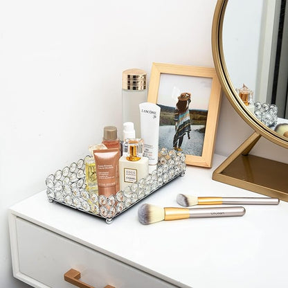 Feyarl Crystal Perfume Tray Cosmetic Makeup Vanity Tray Jewelry Trinket Rings Earrings Organizer Decorative Tray Storage for Home Deco Wedding Dresser Tabletop Girl Women Gift(10" x 6 "Silver)