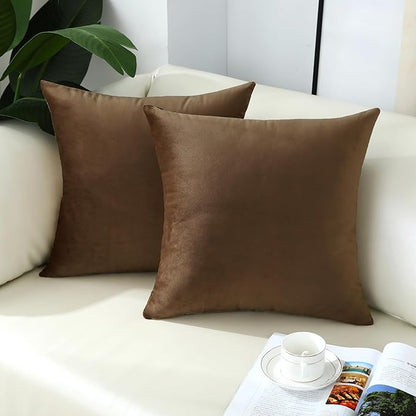 mixeoo Light Brown Velvet Throw Pillow Covers 18x18 Inch Set of 2, Super Soft Thick Decorative Square Cushion Cases for Living Room Sofa Couch Decor
