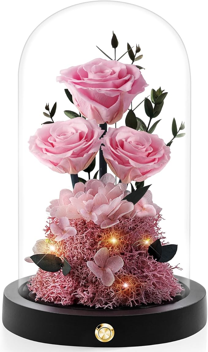 Valentines Day Flowers Roses Gifts for Her,Forever Real Preserved Roses in Glass Dome,Valentines Day Anniversary Birthday Gifts for Wife Girlfriend Women Mom Best Friend Her/Pink Rose