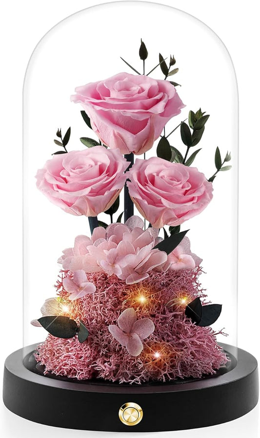 Valentines Day Flowers Roses Gifts for Her,Forever Real Preserved Roses in Glass Dome,Valentines Day Anniversary Birthday Gifts for Wife Girlfriend Women Mom Best Friend Her/Pink Rose