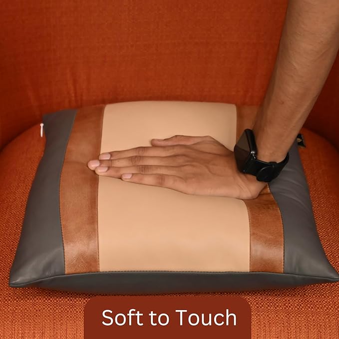 LL LEATHER LOVERS Genuine Lambskin Leather Pillow Cover, 14x14 Inch Case for Lumbar Throw Couch Pillows, Thick & Soft Cushion Covers for Sofa Bed Home Décor (Grey Tan & Off-White Pack of 2)