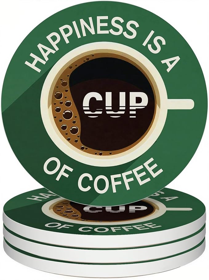 zcyhtqp, Happiness is a Cup of Coffee, Funny Absorbent Round Ceramic Stone Coasters Set of 4 with Cork Base, Funny Coffee Coasters, Gifts for Home, Kitchen, Office Table Décor