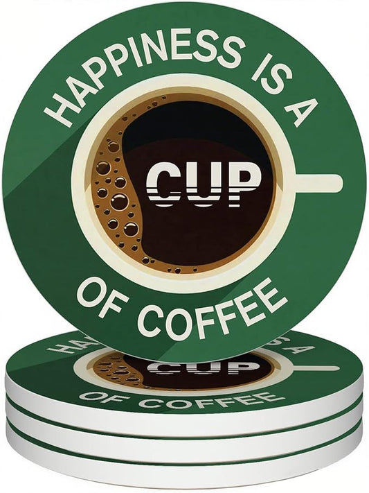 zcyhtqp, Happiness is a Cup of Coffee, Funny Absorbent Round Ceramic Stone Coasters Set of 4 with Cork Base, Funny Coffee Coasters, Gifts for Home, Kitchen, Office Table Décor