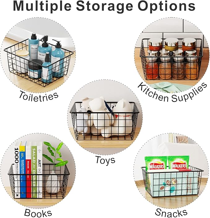 iSPECLE Wire Baskets, 6 Pack Small Pantry Organizers Wire Storage Baskets with Handles, Sorting Storage Easy Access Durable Wire Basket for Pantry, Black