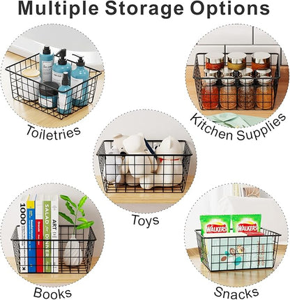 iSPECLE Wire Baskets, 6 Pack Small Pantry Organizers Wire Storage Baskets with Handles, Sorting Storage Easy Access Durable Wire Basket for Pantry, Black