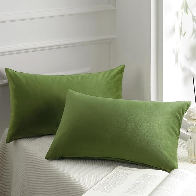 Phantoscope Pack of 2 Velvet Decorative Throw Decorative Pillow Cover Soft Solid Square Xmas Cushion Case for Couch Green 12 x 20 inches 30 x 50 cm