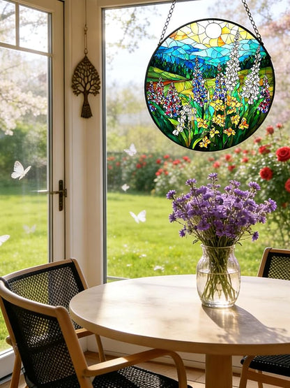 Stained Glass Window Hanging, Wildflowers Plant Scenery Suncatcher for Door Home Decor,Valley Sunrise Sun Catcher Ornament Mother's Day Birthday Gifts for Women Men Mom 7.8 in