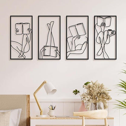 Bakovity Black Metal Wall Art, Minimalist Line Wall Decor, Abstract Woman Book Wall Decor, Modern Aesthetic Metal Art for Bedroom Bathroom Living Room (4 Pcs, 17 x 9 in)