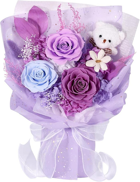 Preserved Flowers Bouquet with Bear, 3 Real Forever Flowers for Delivery, Long-Lasting Purple Eteranl Roses Bouquet, Anniversary Birthday Valentine Gifts for Women Mom Grandma Her Wife Girlfriend