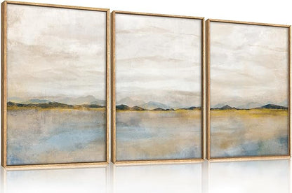 HLNIUC Large Abstract 3 Piece Wall Art 16x24, Neutral Distant Mountain Wall Decor, Watercolor Beige Dusty Nature Landscape Painting, Modern Pastel Scenery Art Prints for Living Room, Bedroom, Office