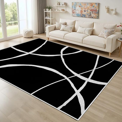 Black and White Rugs, Abstract Rug, Modern Minimalist Rug, Curved Line Design Carpet, Black and White Abstract Rugs Washable Non Slip Home Decor 3x4