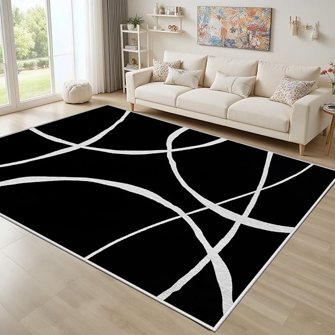 Black and White Rugs, Abstract Rug, Modern Minimalist Rug, Curved Line Design Carpet, Black and White Abstract Rugs Washable Non Slip for Living Room Home Decor 3x5