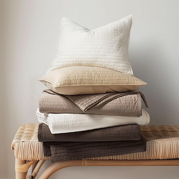 EVERGRACEHOME Cotton Sateen Quilt Set Queen Size, Pre-Washed Cotton Channel Stitch Coverlet Bedspread, 3 Pieces Lightweight Soft Bedding Sets for All Season, with 2 Pillow Shams, Stone Taupe