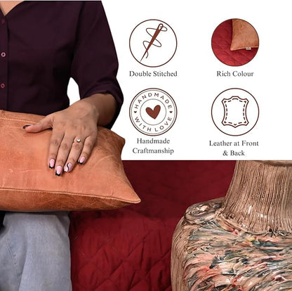 100% Lambskin Leather Pillow Cover - Sofa Cushion Case - Decorative Throw Covers for Living Room & Bedroom, 14x22 Inch - Mango Tan Crunch Plain Pack of 1