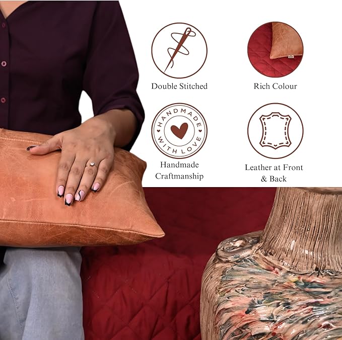 100% Lambskin Leather Pillow Cover - Sofa Cushion Case - Decorative Throw Covers for Living Room & Bedroom, 12x20 Inch - Mango Tan Crunch Plain Pack of 1