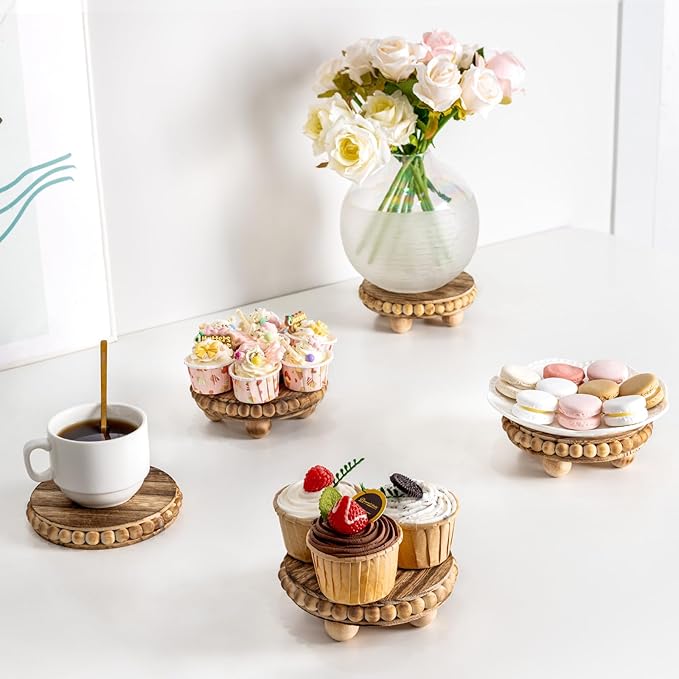 HouseJoy 2Pcs Wood Risers for Display Decorative,Round Beaded Riser Distressed for Decor ,Wooden Farmhouse Coasters Mini Cake Stand Plant Stand,Rustic Pedestal Stand Decor Display Risers for Tiered