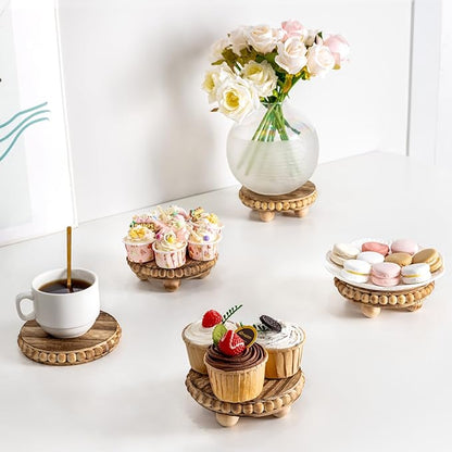 HouseJoy 2Pcs Wood Risers for Display Decorative,Round Beaded Riser Distressed for Decor ,Wooden Farmhouse Coasters Mini Cake Stand Plant Stand,Rustic Pedestal Stand Decor Display Risers for Tiered