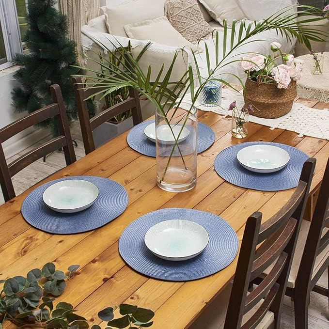AHHFSMEI Round Braided Placemats 15 Inch Round Table Mats for Dining Tables Natural Woven Heat Resistant Place mats Set of 4 (Light Blue,4)