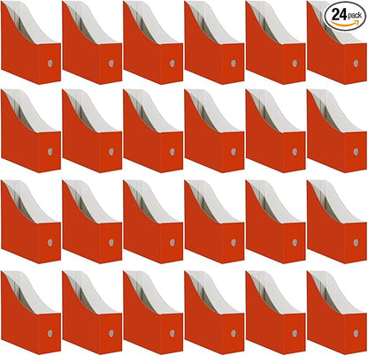 Limitliho Cardboard Magazine Holder (24 Pack), Sturdy Book Bins for Classroom, Vertical File Folder Organizer, 10.6'' 10.2'' 3.5'' Inch Magazine Rack (Orange-Red, 24 Pack)