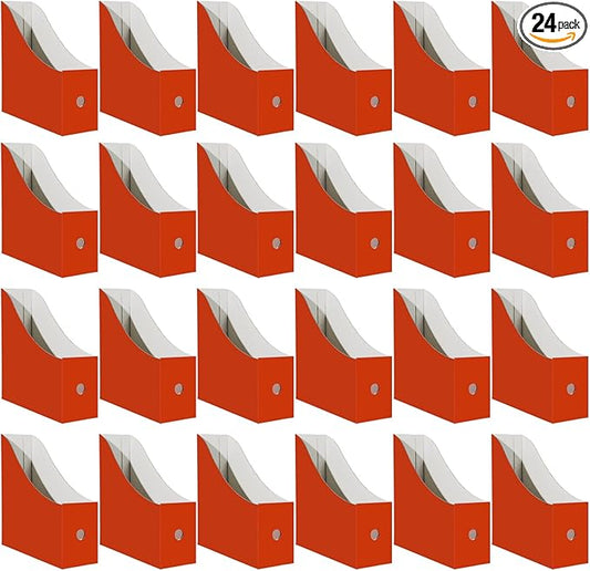 Limitliho Cardboard Magazine Holder (24 Pack), Sturdy Book Bins for Classroom, Vertical File Folder Organizer, 10.6'' 10.2'' 3.5'' Inch Magazine Rack (Orange-Red, 24 Pack)